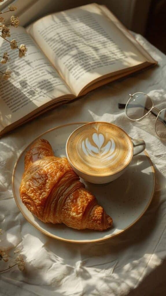 Cozy morning setup with latte art coffee, fresh croissant, open book, and glasses on a sunlit table.