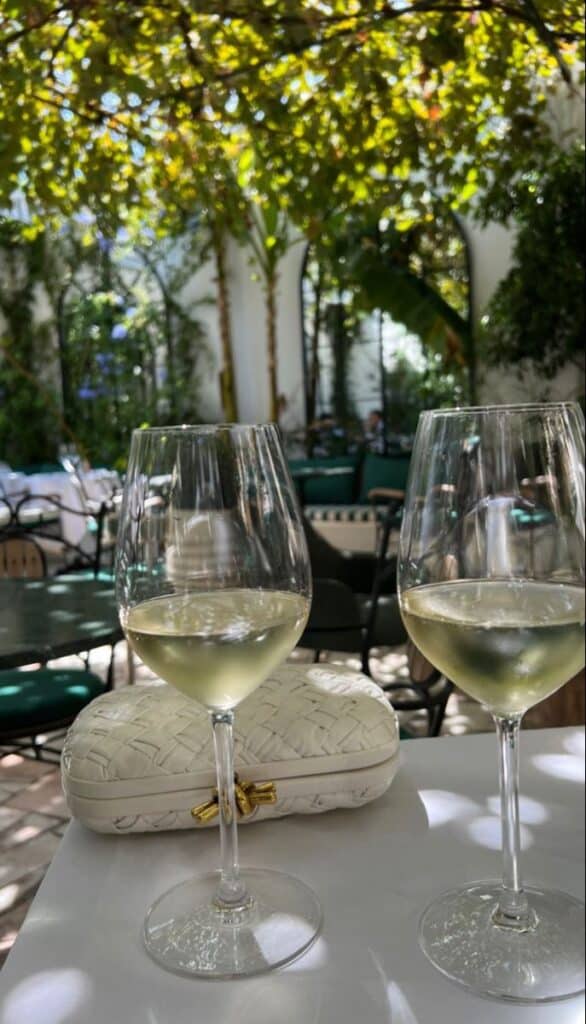 Two glasses of white wine on an outdoor table with greenery and soft sunlight in a cozy garden setting.