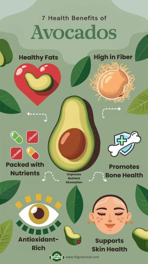 Infographic showing 7 health benefits of avocados including nutrients, fiber, skin health, and bone support.