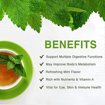 Mint tea benefits: digestive support, metabolism boost, refreshing flavor, rich in nutrients and vitamin A, eye and skin health.