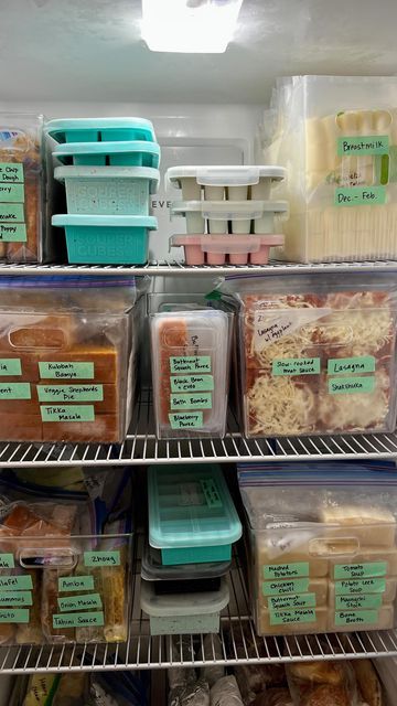 Organized freezer with labeled containers of prepped meals, breast milk, and sauces for efficient meal planning.