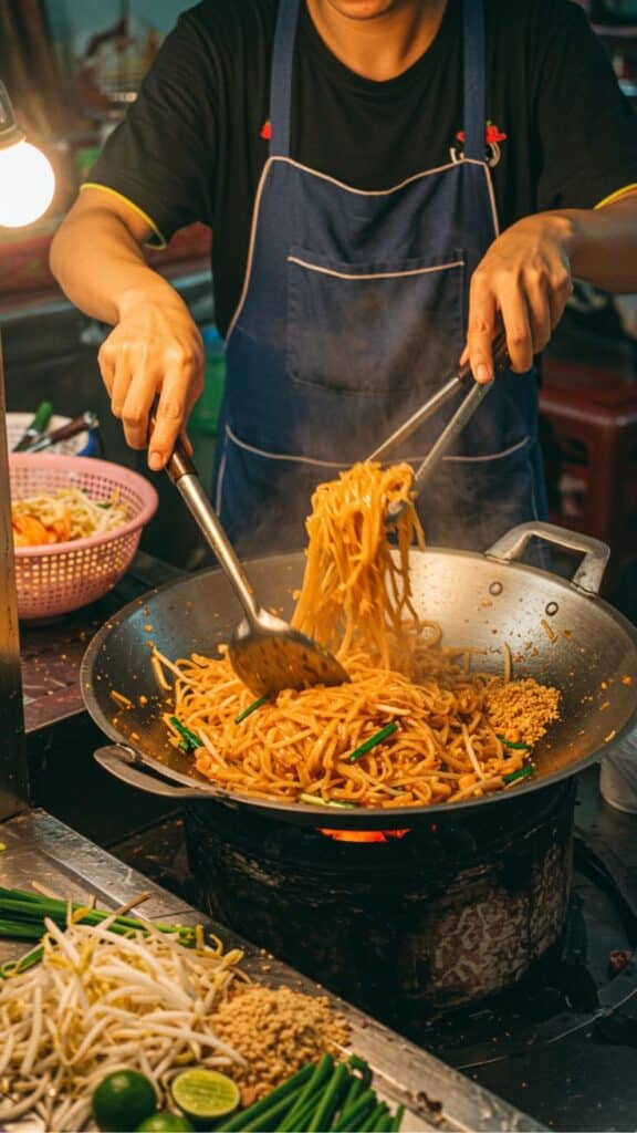 Street food vendor cooking stir-fried noodles in a wok with fresh ingredients.