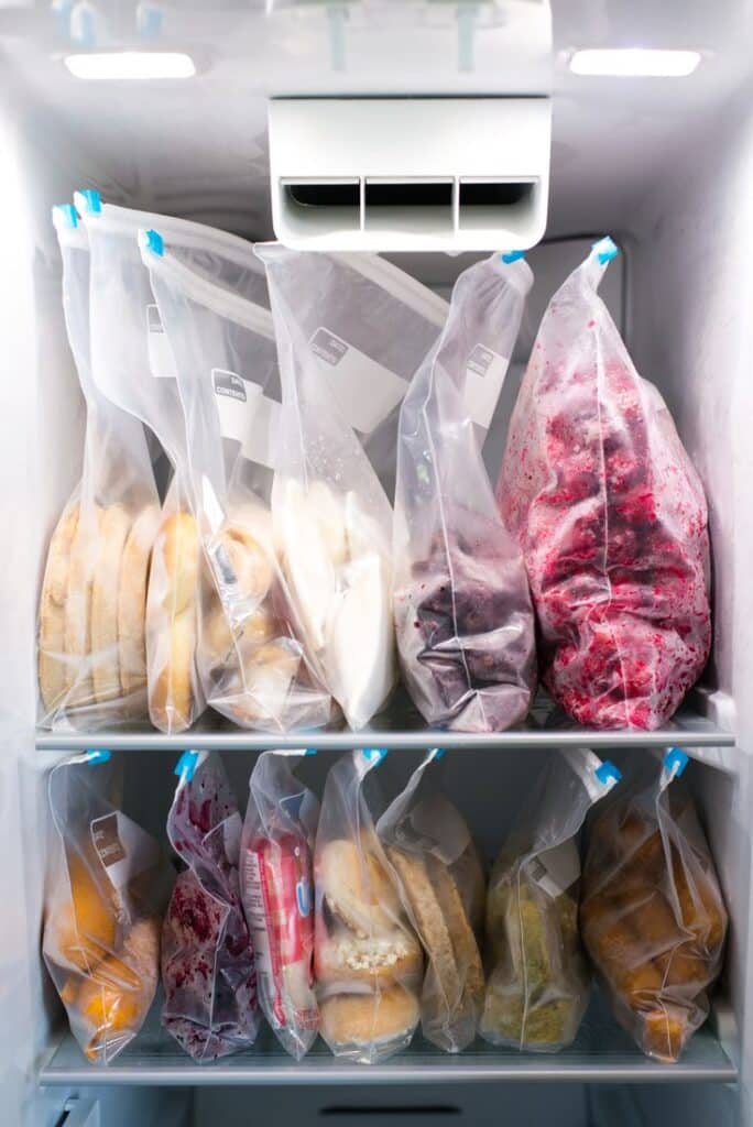 Organized freezer with labeled bags of various frozen foods, showing efficient food storage and preservation.