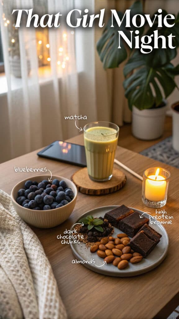 Cozy movie night setup with matcha, high-protein brownies, almonds, blueberries, and dark chocolate chunks.