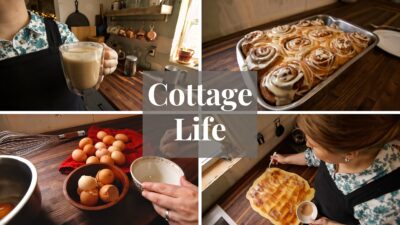 Collage showing cottage life: enjoying coffee, baking cinnamon rolls, and fresh eggs in a cozy kitchen setting.