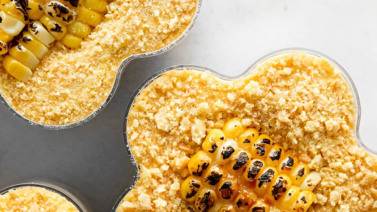Close-up of grilled corn with creamy topping in a cup, topped with crumbled cheese, showcasing a delicious street food treat.