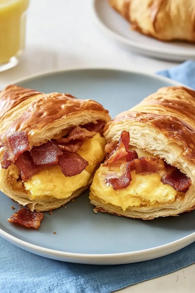 Croissant sandwich with bacon and scrambled eggs on a blue plate, perfect for a delicious breakfast.