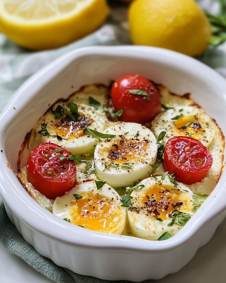 Baked eggs with tomatoes and herbs in a white dish, garnished with spices and surrounded by fresh lemons.