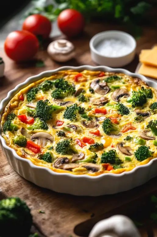 Delicious vegetable quiche with broccoli, mushrooms, and bell peppers in a white dish on a wooden table.