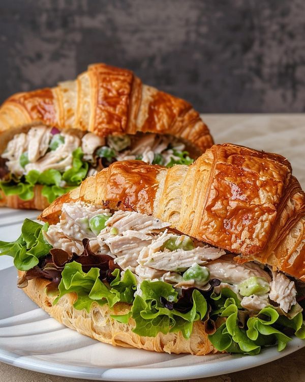 Chicken salad croissant sandwich with fresh greens on a plate, perfect for a tasty lunch or brunch.