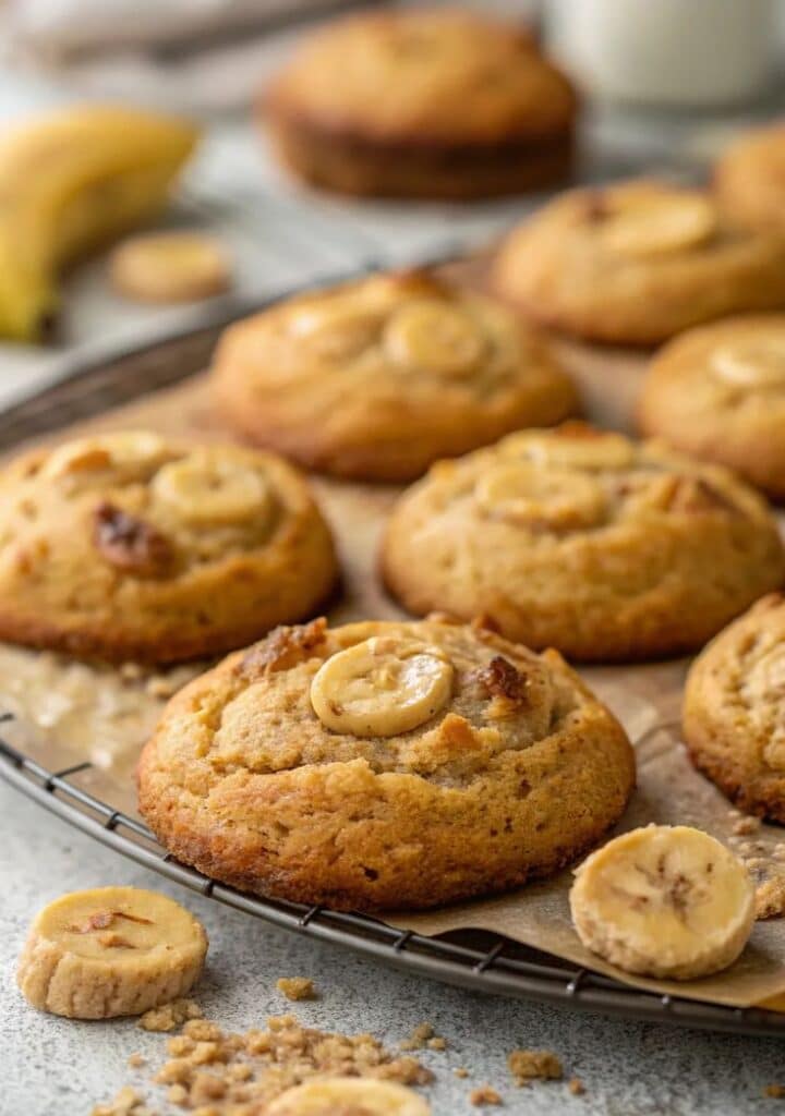 Freshly baked banana muffins with banana slices on a cooling rack, perfect for breakfast or a sweet snack.