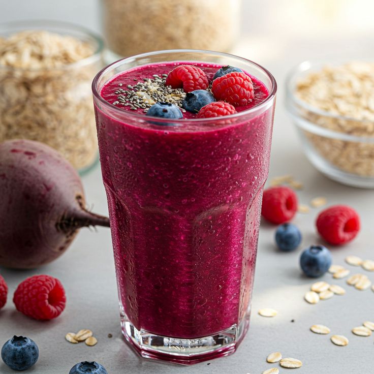 Vibrant beet smoothie with raspberries and blueberries in a glass, surrounded by oats and fresh berries.