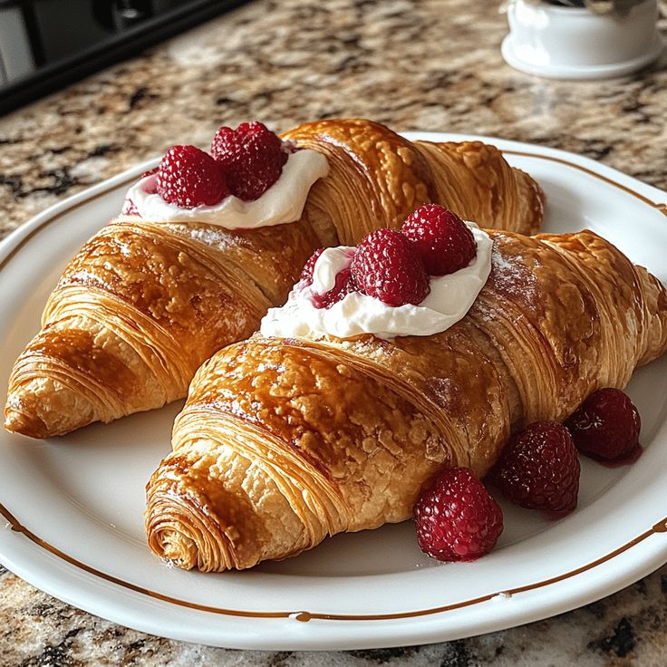 Flaky croissants topped with fresh raspberries and cream, served on a white plate for a delightful breakfast treat.