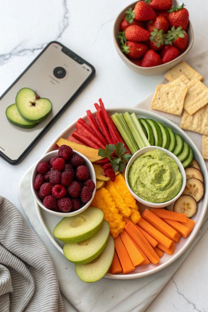 Colorful veggie and fruit platter with guacamole, crackers, and a phone displaying sliced apples on a marble countertop.