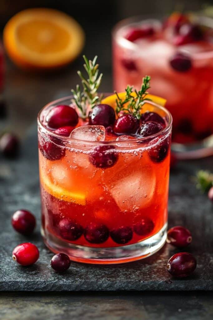 Chilled cranberry cocktail with ice, orange slice, and rosemary garnish in a glass on slate background.