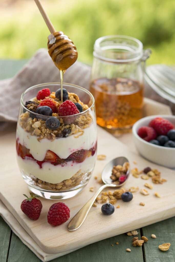 Delicious yogurt parfait with fresh berries, granola, and honey drizzle on a wooden board. Healthy breakfast idea.