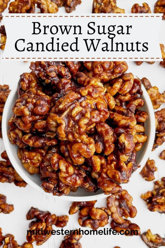 Delicious brown sugar candied walnuts in a white bowl, perfect for snacking or holiday treats.