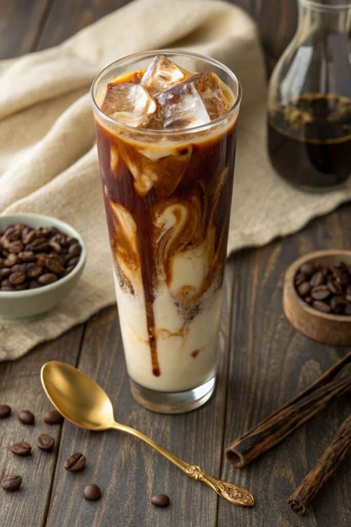 Tall iced coffee with milk, ice cubes, and swirls, surrounded by coffee beans and a golden spoon on a wooden table.