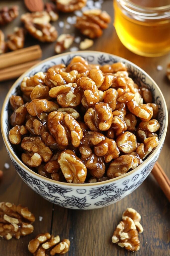 Bowl of glazed roasted walnuts with honey, cinnamon sticks, and scattered nuts on a wooden table.