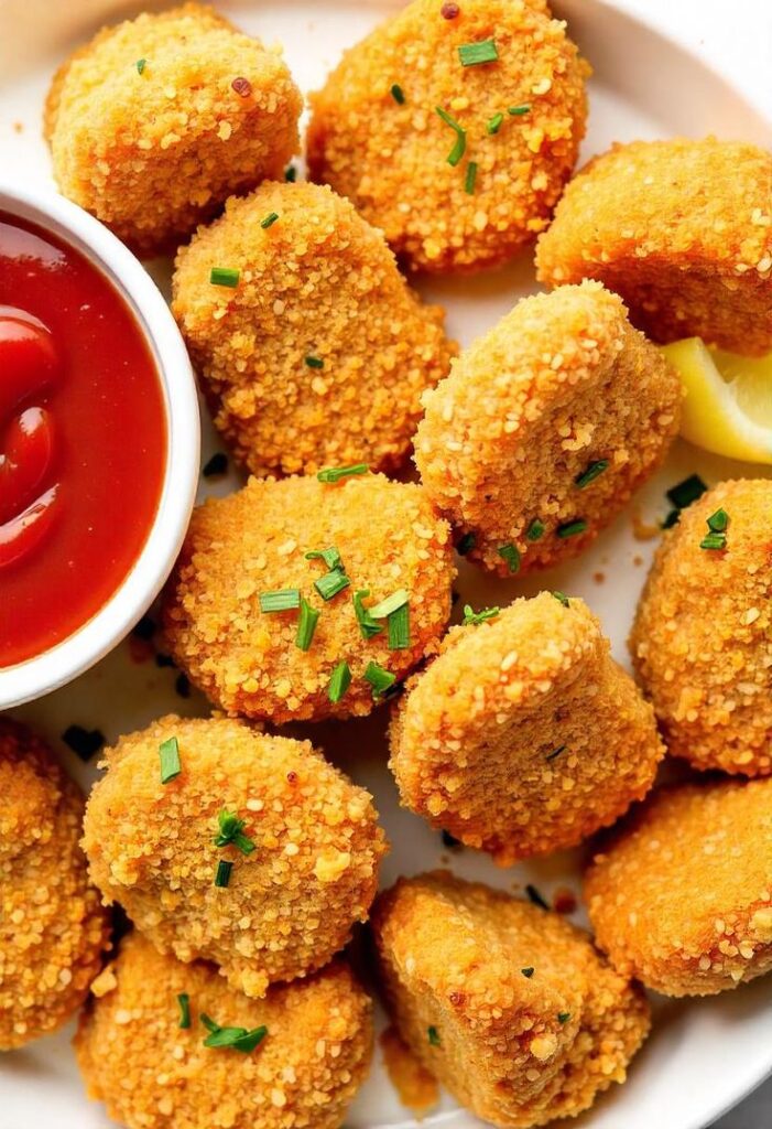 Crispy chicken nuggets with herbs served with ketchup and lemon slice on a white plate.