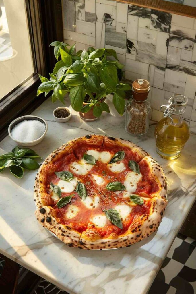 Margherita pizza with fresh basil, mozzarella, olive oil, and seasonings on a marble countertop near window.