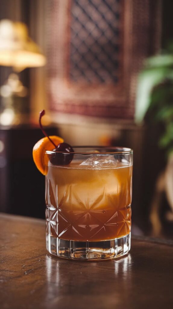 Elegant cocktail with orange slice and cherry garnish in a crystal glass on a wooden bar table.
