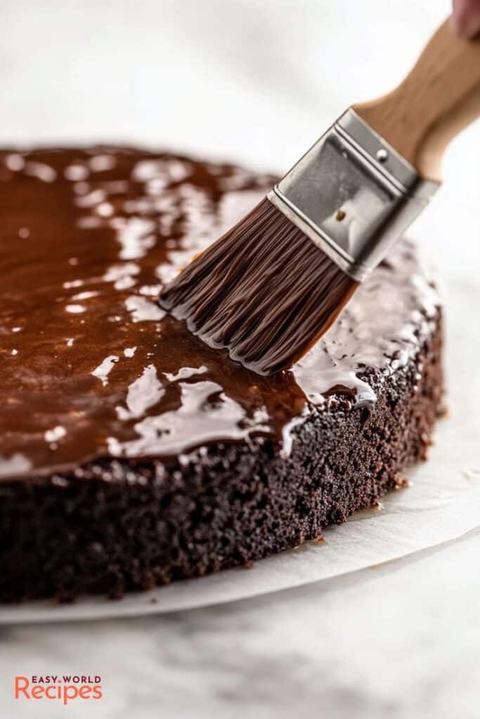 Applying chocolate glaze on rich chocolate cake with a brush for a glossy finish. Perfect dessert decoration.