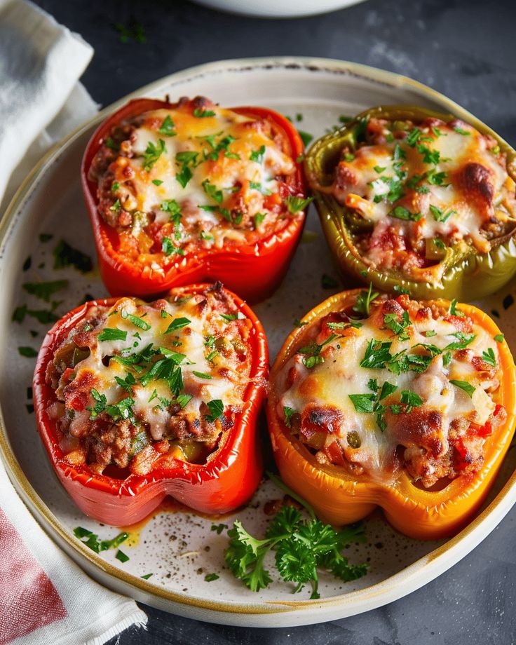 Stuffed bell peppers topped with melted cheese and parsley on a white plate, perfect for a delicious and healthy meal.