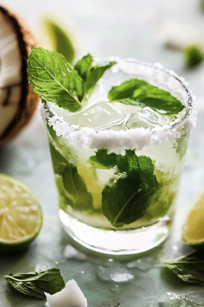 Refreshing mojito cocktail with mint, lime, and ice in a glass with a coconut rim, perfect for summer.