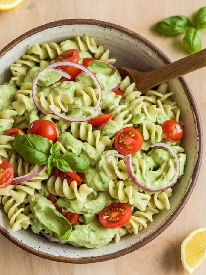 Creamy avocado pasta salad with cherry tomatoes and red onion, garnished with fresh basil, served in a rustic bowl.