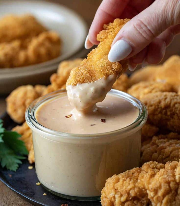 Crispy chicken tender dipped in creamy sauce with spices, surrounded by more tenders on a plate.