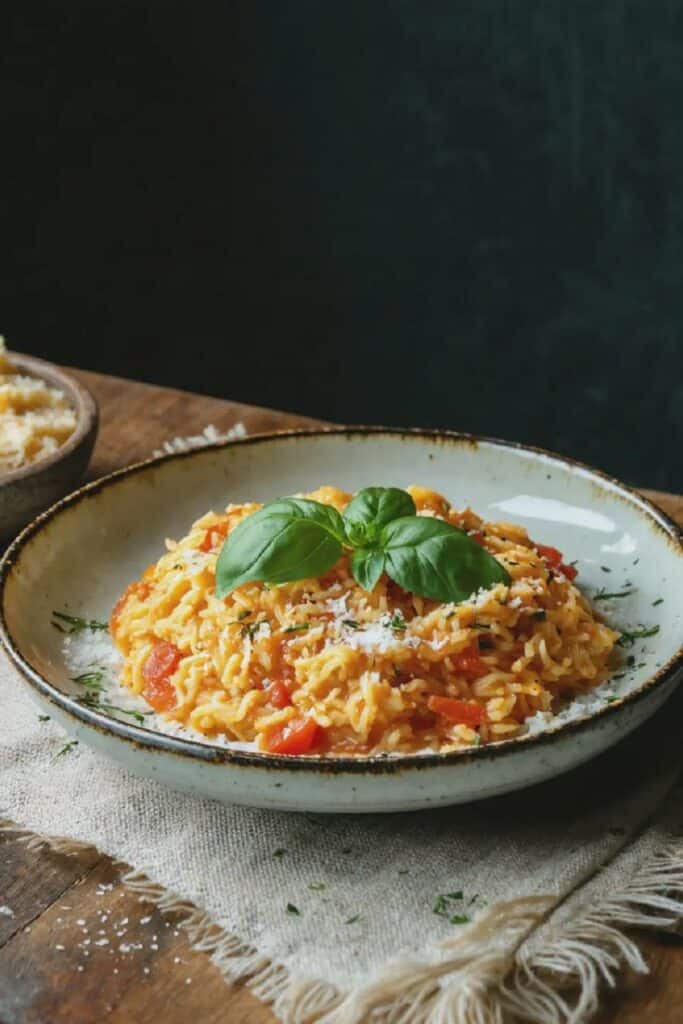 Delicious spaghetti with tomato sauce and basil garnish on a rustic plate.