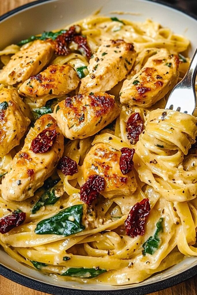Creamy chicken alfredo pasta with sun-dried tomatoes and spinach garnished with herbs in a bowl.