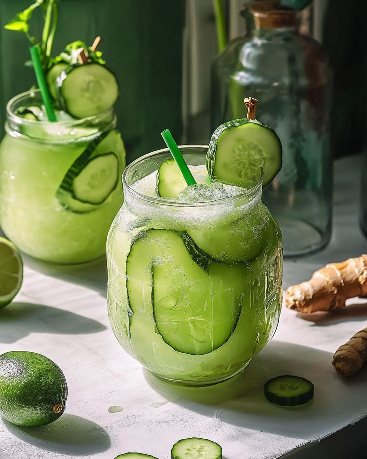 Refreshing cucumber and lime smoothie in a glass with ginger and shadowed background.