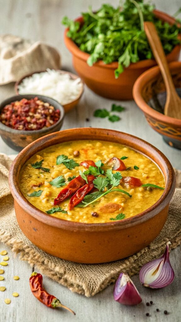 A bowl of flavorful lentil soup garnished with red chilies and cilantro, surrounded by fresh ingredients.
