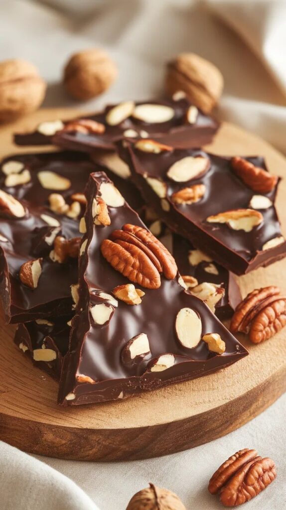 Dark chocolate bark with assorted nuts on a wooden board, creating a rustic and delicious treat.