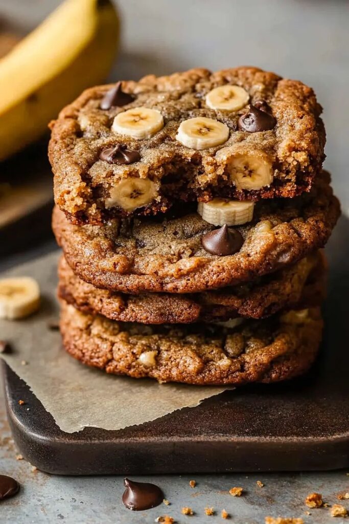 Stack of fresh banana chocolate chip cookies on a wooden board, with a banana in the background.