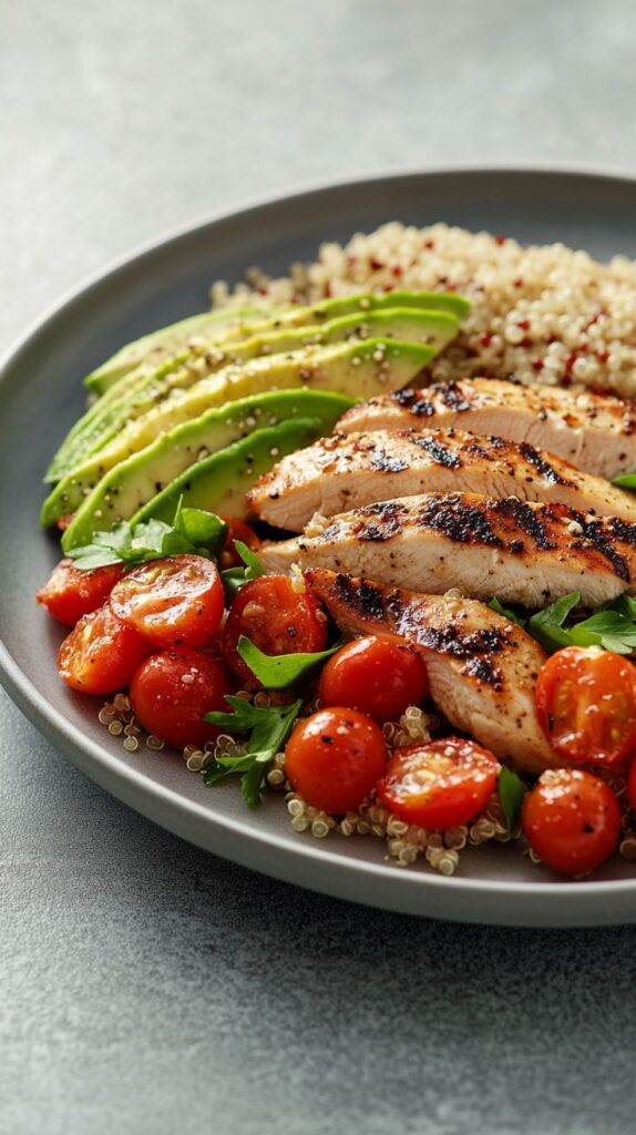 Grilled chicken with quinoa, avocado, and cherry tomatoes on a plate. Nutritious and colorful meal.