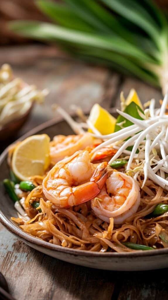 Close-up of shrimp Pad Thai with bean sprouts and lemon wedges on a rustic wooden table.