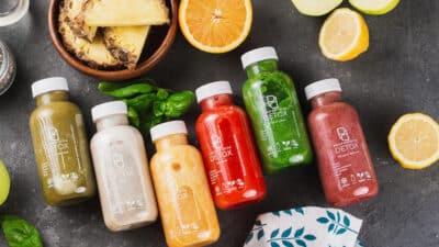 Colorful detox juice bottles with fresh fruit slices on a dark background, promoting healthy lifestyle choices.