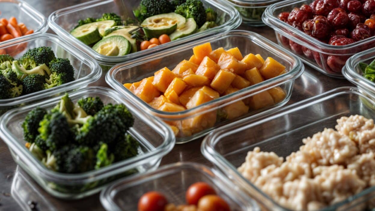 Assorted fresh vegetables and fruits in glass containers for healthy meal prep on a wooden table.