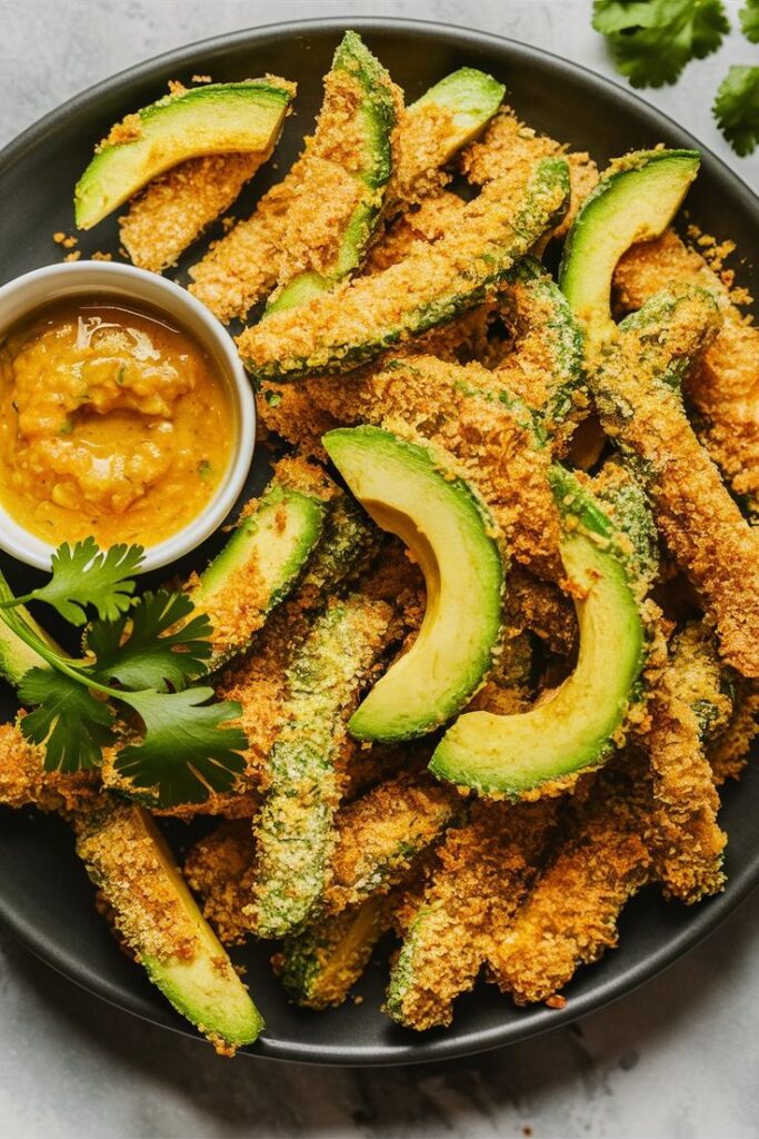 Crispy avocado fries with dip on a plate, garnished with cilantro leaves for a healthy snack option.
