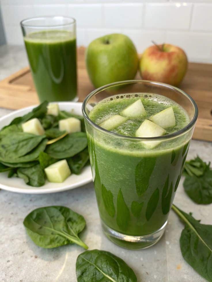 Green smoothie with spinach and apple chunks, surrounded by fresh spinach leaves and whole apples.