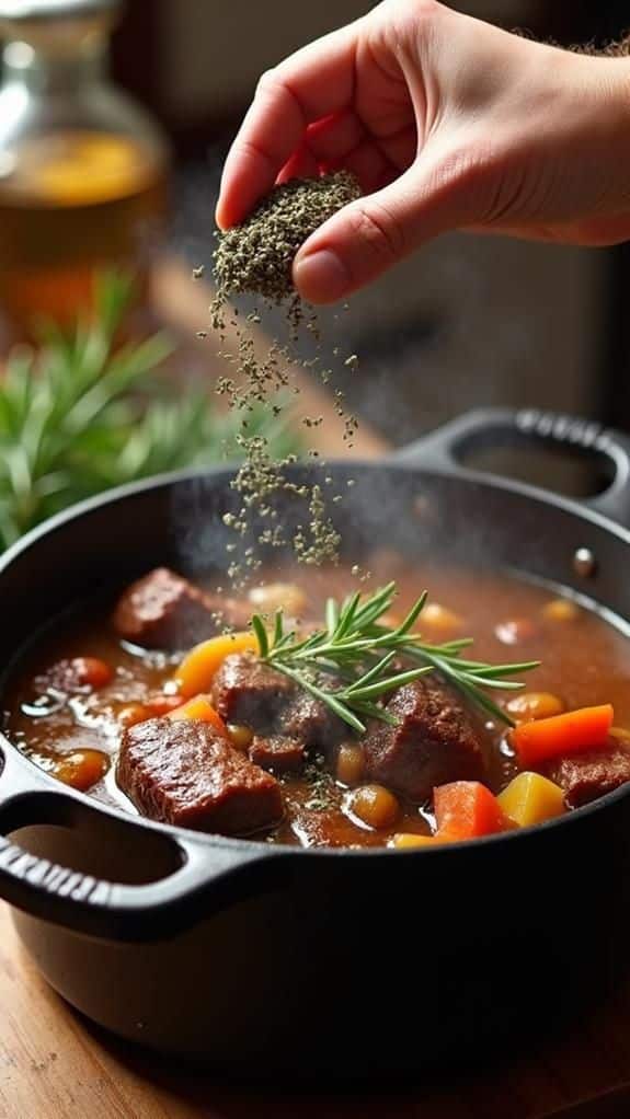 Hand seasoning a hearty beef stew with rosemary in a black pot on a wooden surface.