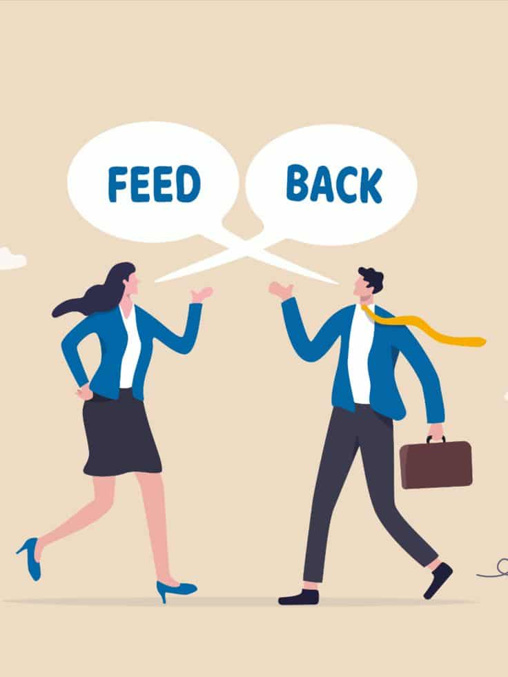 Illustration of two businesspeople exchanging feedback with speech bubbles, promoting communication.