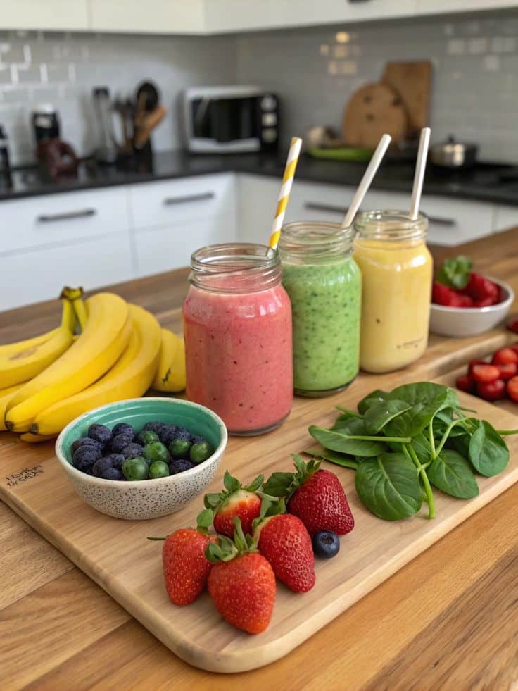 Colorful smoothies with fresh strawberries, bananas, blueberries, and spinach on a kitchen counter cutting board.