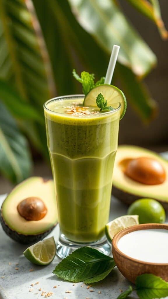 Creamy avocado smoothie with lime, mint garnish, surrounded by fresh avocados and coconut milk, on a table.