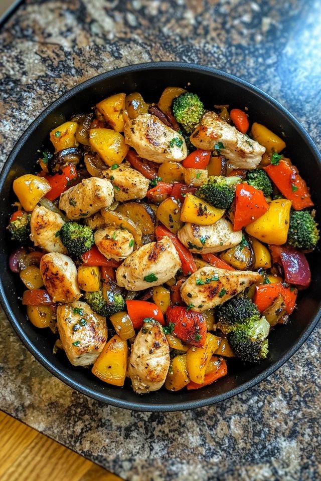 Delicious roasted chicken with colorful vegetables in a skillet on a marble countertop. Healthy and vibrant meal.