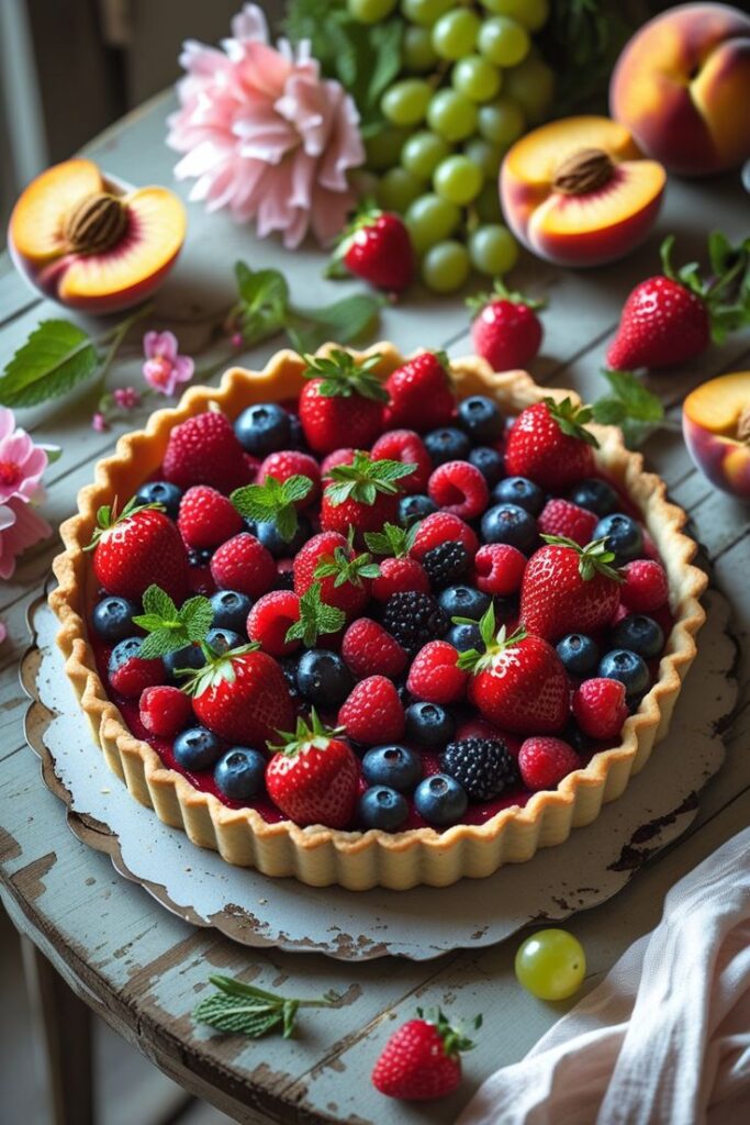 A colorful berry tart with strawberries, blueberries, and mint garnish, surrounded by peaches and grapes on a rustic table.