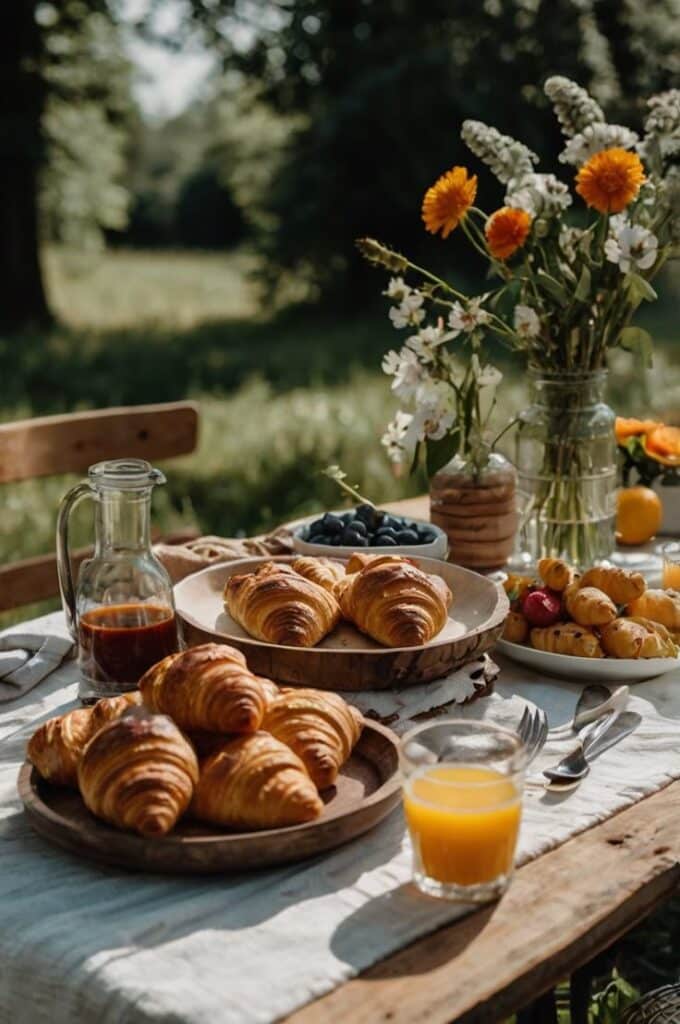 Outdoor breakfast picnic with croissants, juice, and flowers on a sunny day.